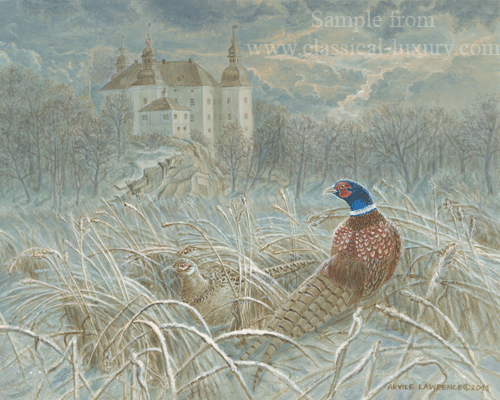 On Alert - Pheasants (phasianus colchicus) and Ekenäs Slott (Castle), Wildlife art by Akvile Lawrence