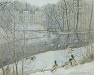 A place full of action - Mallard ducks (Anas platyrhynchos) in the park of Finspångs Manor House (Finspångs Slott) Realistic Wildlife Painting by Akvile Lawrence